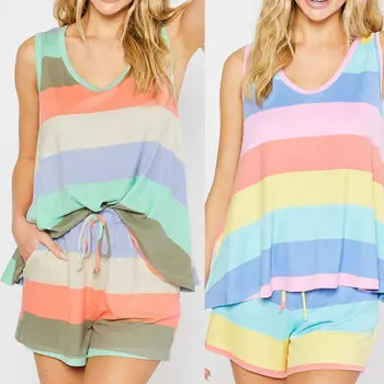 

Women Summer 2 Piece Pajamas Set Rainbow Stripes Sleevess Tunic Tank Top Drawstring Shorts Sleepwear Loose Loungewear