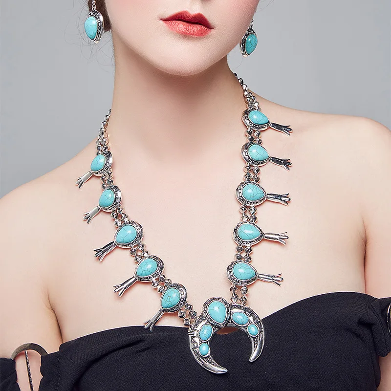 Богемное этническое ожерелье с имитацией камня, женское винтажное серебряное ожерелье с подвеской в виде пера и Луны, большой воротник, свитер, цепь, ожерелье - Окраска металла: 3N0907