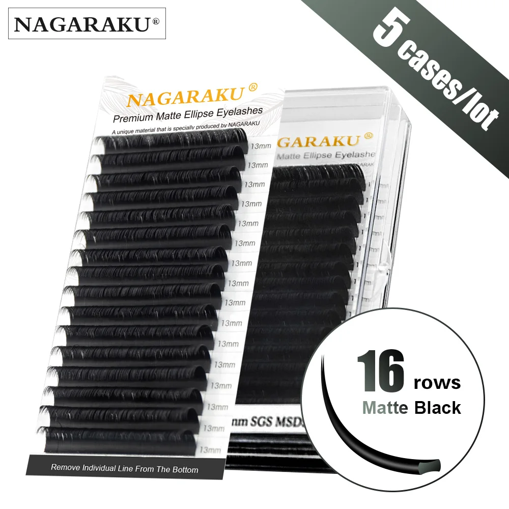 Накладные ресницы NAGARAKU для наращивания матовые черные плоские в форме эллипса