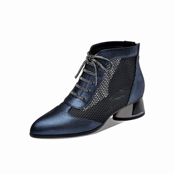 

Genuine leather Women Summer Boots Lace Up Back Zipper 2020 Newest Shoes woman Thick Heels Pumps Party Basic ladies shoes