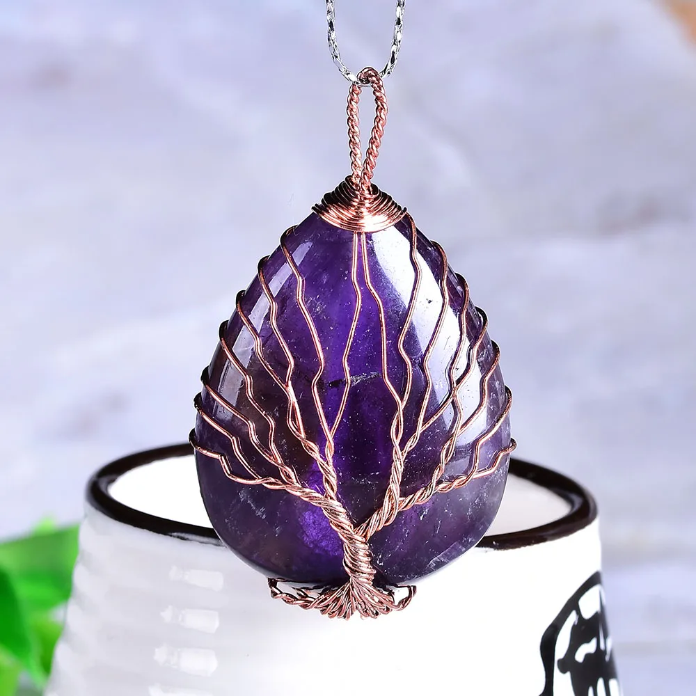 Amethyst 1 шт. натуральный кристалл Древо жизни кулон модный простой розовый кварц минеральные ювелирные изделия Аметист для мужчин и женщин ювелирные изделия DIY подарок - Цвет: Amethyst