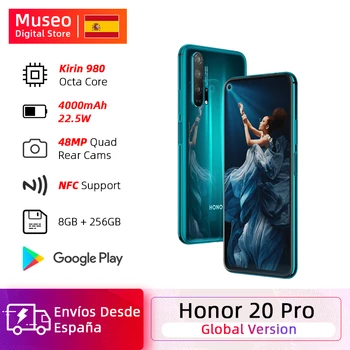 Перейти на Алиэкспресс и купить Глобальная версия смартфона Honor 20 Pro, 8 Гб 256 ГБ, Восьмиядерный процессор Kirin 980, четыре камеры 48 МП, сотовый телефон 6,26 дюйма, 4000 мАч, Google Play NFC