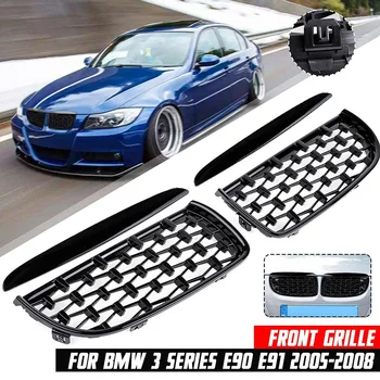 

4pcs Gloss Black Dual Slat Front Bumper Hood Racing Grill Diamond Kidney Grille 51137120007 51137117242 For BMW 3 Series E90 E91
