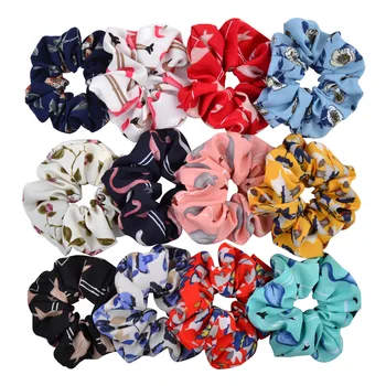 

free shipping 12pcs Flamingo Elastic Floral Hair Scrunchie Ponytail Hair Holder Women Rope Tie For Women Girls Hair Accesories