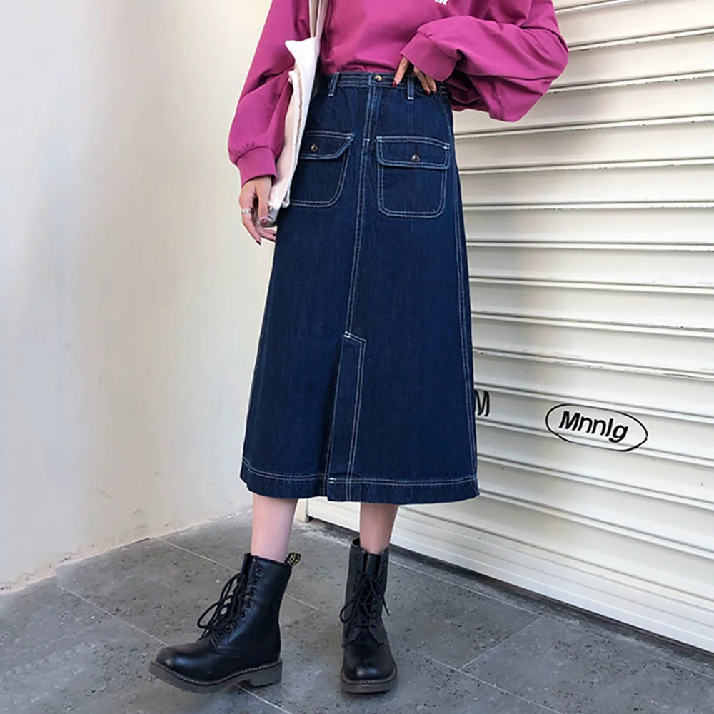 

Autumn Office Ladies Loose Slit Denim Skirts Casual Fashion with Pockets A-Line Long skirts Pure Blue Street Wear Korean Skirts
