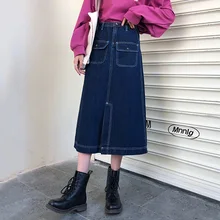 ^^Best Offers Autumn Office Ladies Loose Slit Denim Skirts Casual Fashion with Pockets A-Line Long skirts Pure Blue Street Wear Korean Skirts ^^Best Offers Autumn Office Ladies Loose Slit Denim Skirts Casual Fashion with Pockets A-Line Long skirts Pure Blue Street Wear Korean Skirts