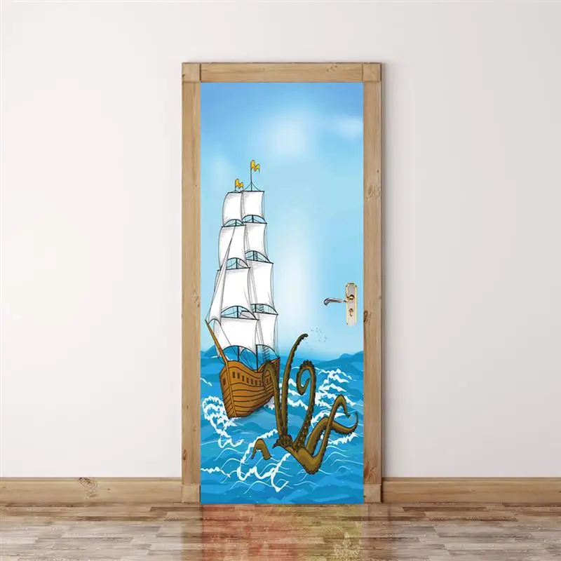 Self Adhesive Door Decals Mural 1pc Door Sticker Creative Removable Boat Pattern Waterproof PVC For Home Decoration