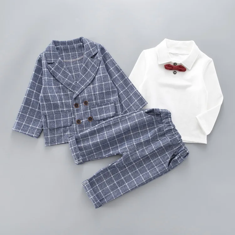 Детская одежда Демисезонный для маленьких мальчиков Костюмы Infant Lapel клетчатый костюм для мальчика: куртка, футболка и штаны, 3 шт./компл. для Повседневное костюмы для будущих мам