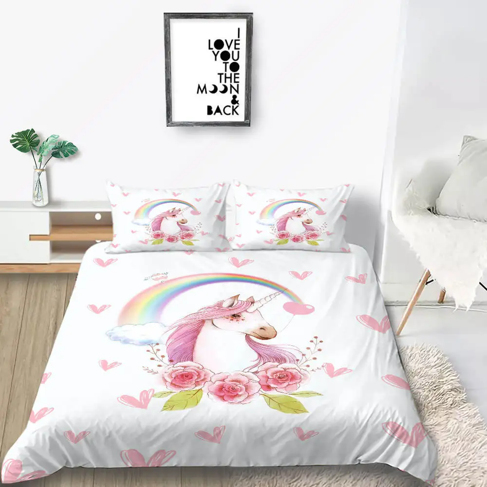 1 Unicorn Series Bedding set Single Double King Size Lovely Bedspreads 2/3pcs with Pillowcase of Comforter Cover Set New - Цвет: 1