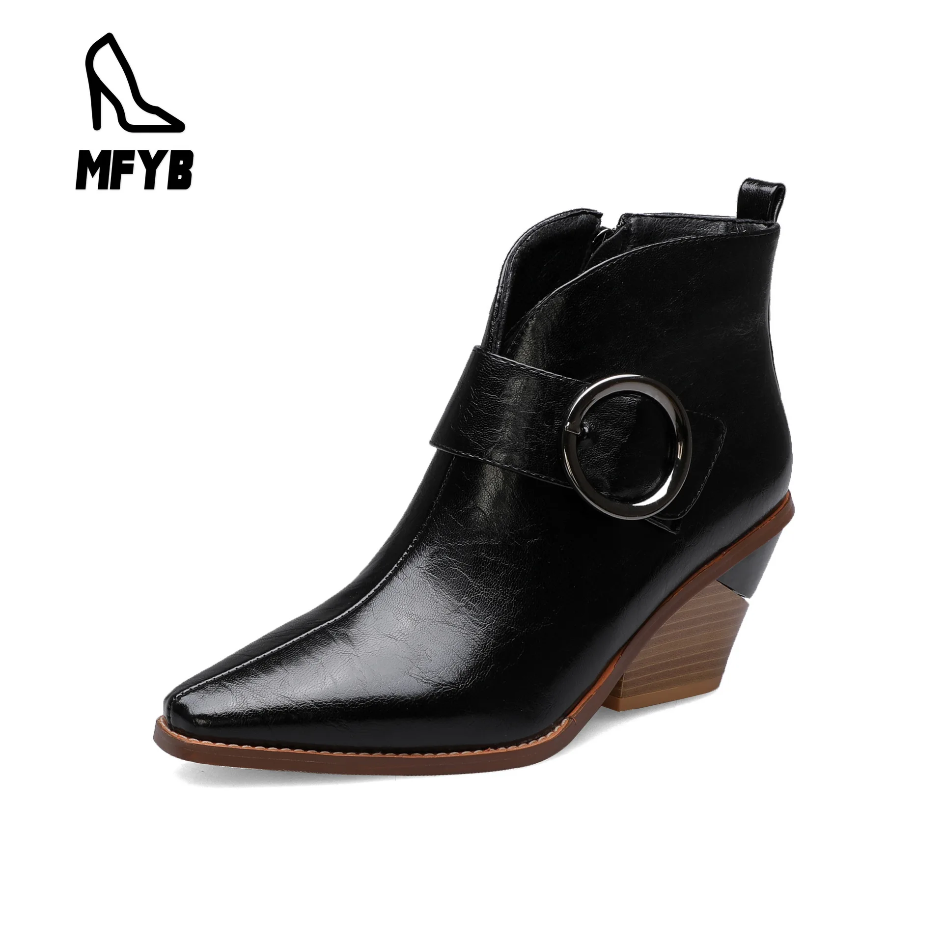 

MFYB Women's boots 2019 winter new fashion small square snake pattern women's shoes belt buckle low boots large size 34-44