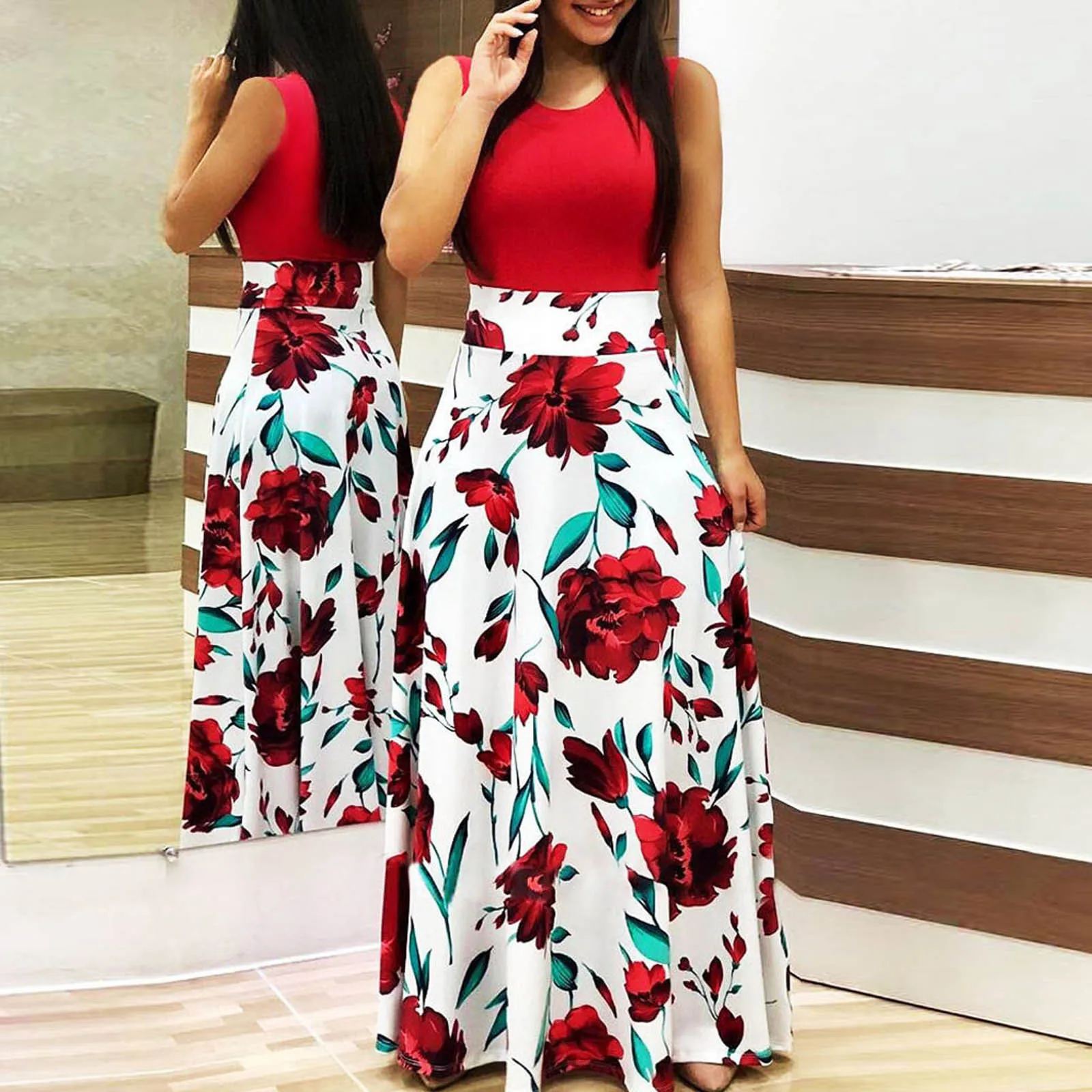 Women Dress Summer Sleeveless Floral Printed Casual O-neck Swing Dress Maxi Dresses For Women Summer Ropa Mujer Verano 2021 1