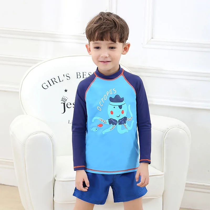 

2019 New Style KID'S Swimwear Small Children Blue Chapter Long Sleeve Sun-resistant Beach Shorts BOY'S Split Type Swimwear Holid