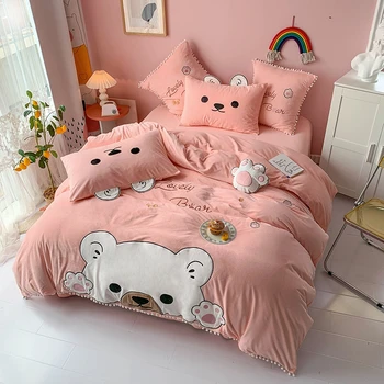 

Pink Cartoon Bear Applique Embroidery Flannel Fleece Velvet Girl Child Bedding set Double Duvet Cover Set Bed Sheet Pillowcase