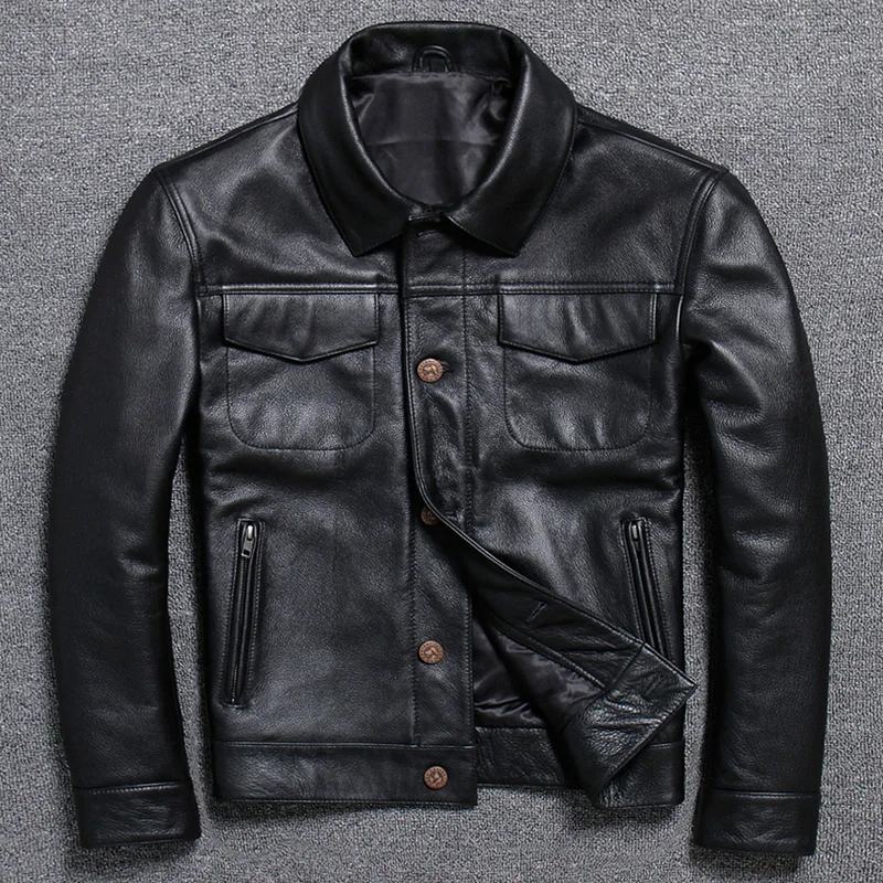 New Mens Cowhide Jacket Single-Breasted Motorcycle Lapel Casual Coat Fashion Black Leather Short Slim Outerwear | Мужская одежда