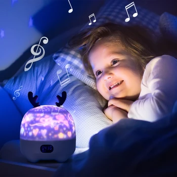 

2020 New Deer 360 Degree Rotating Projector Night Light Bluetooth Music Kids Bedside Lamp