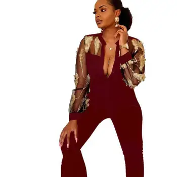 

Women V Neck Feather Embroidery Jumpsuit Sexy Long Sleeve Transparent Wide Leg Jumpsuit Casual Long Loose Overalls