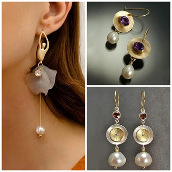 

New Fashion Droplets Imitation Pearl Earrings Ladies Luxury Gold Color Filled Purple Rhinestone Drop Earring Wedding Gift Z4D279