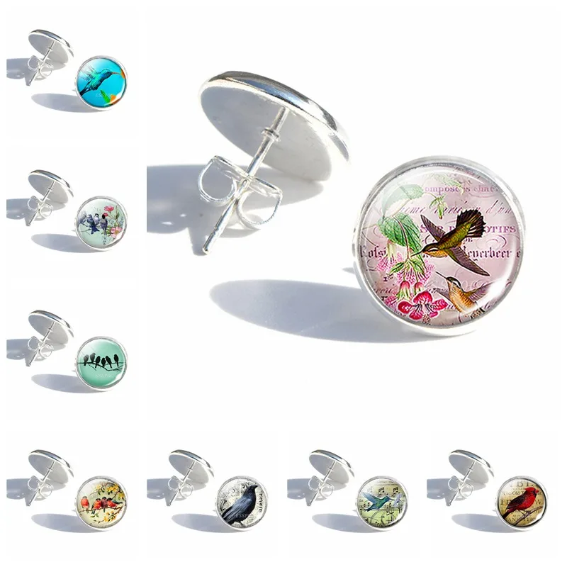 Hummingbird коллаж искусство посеребренные женские модные стеклянные купольные милые серьги-гвоздики ювелирные изделия с изображениями птиц птицы подарки влюбленным