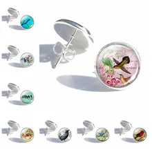 Hummingbird коллаж искусство посеребренные женские модные стеклянные купольные милые серьги-гвоздики ювелирные изделия с изображениями птиц птицы подарки влюбленным