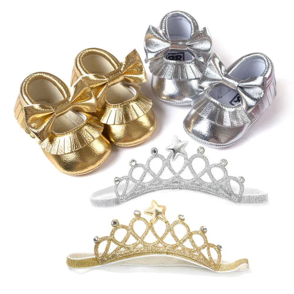 

Christening Baptism Cute Crib Photo Props Baby Girl Silver Gold Shoes Toddler Moccasins Shoes Set Headband Kids Shoes Set