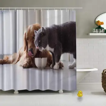 

Golden Retriever British Shorthair Cats Eating Photo Useful Shower Curtain for Guest Suite,72''L x 72''W