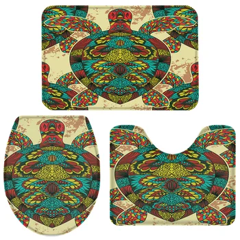 

3 Pieces Bathroom Set Colorful Turtle Model Gorgeous Clever Bath Set Toilet Cover Mat Pedestal Rug Non-Slip Bathroom Rug Set