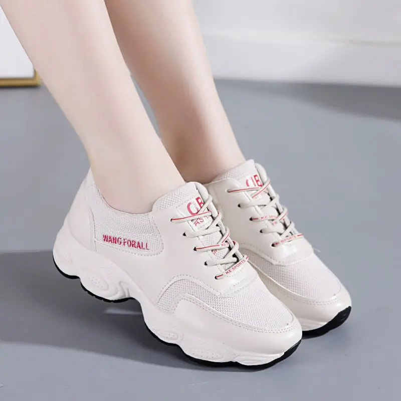 Women's Chunky Sneakers Fashion Women Platform Shoes Lace Up Breathable Air Vulcanize Shoes Women Female Trainers Dad Shoes - Цвет: Beige