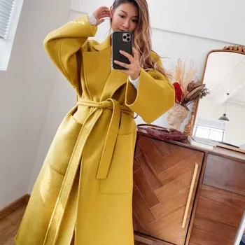 

Belted Elegant Ladies Long Wool Coats Outwear High Street Classic Korean Woolen Warm Manteau Femme Sashes Winter Coat Women 2020