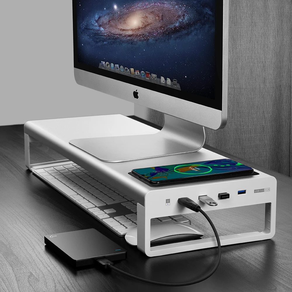 Aluminium Wireless Charging Monitor Stand Riser with 4USB3.0 Ports