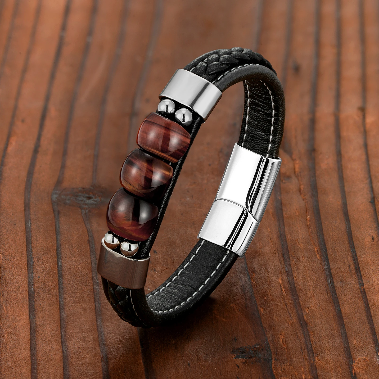 Natural Red Tiger Eye 3 Lucky Charm Jewelry Bracelet 316L Stainless Steel Leather Cord Men's Bracelet OL Style charm bracelet