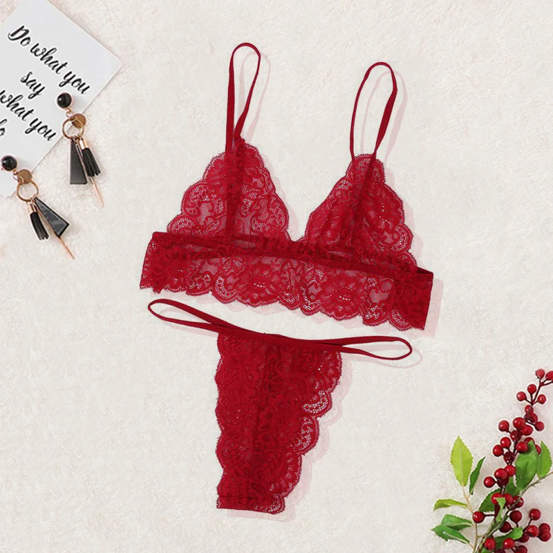 

Sexy Lingerie Set Women Transparent See Through Lace Bra Set Floral Red G-String Underwear Set Nightwear Bra And Panty Sets