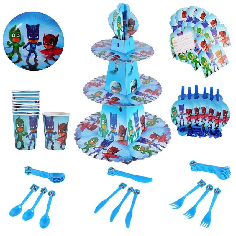 24 шт./компл. костюмы героев мультфильма «Герои в масках», Аниме фигурки торт карта фрукты подключаемого модуля детская День рождения поставки с капюшоном с рисунками Pj Mask для праздничные украшения «сделай сам» 2S24