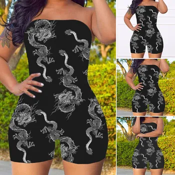 

2020 Hot Dragon Printed Casual Tube Top Shorts Playsuit Streetwear Women Summer Sexy Jumpsuit Bodycon Rompers Female Skinny Top
