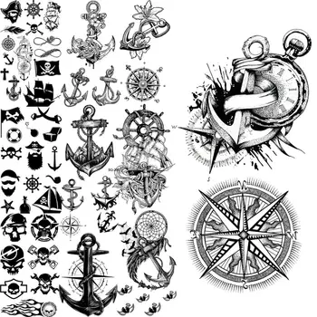 Tatuaggi temporanei con bussola di ancoraggio per adulti uomini braccio posteriore tatuaggi realistico pirata infinito cartone animato piccolo adesivo tatuaggio finto fai da te