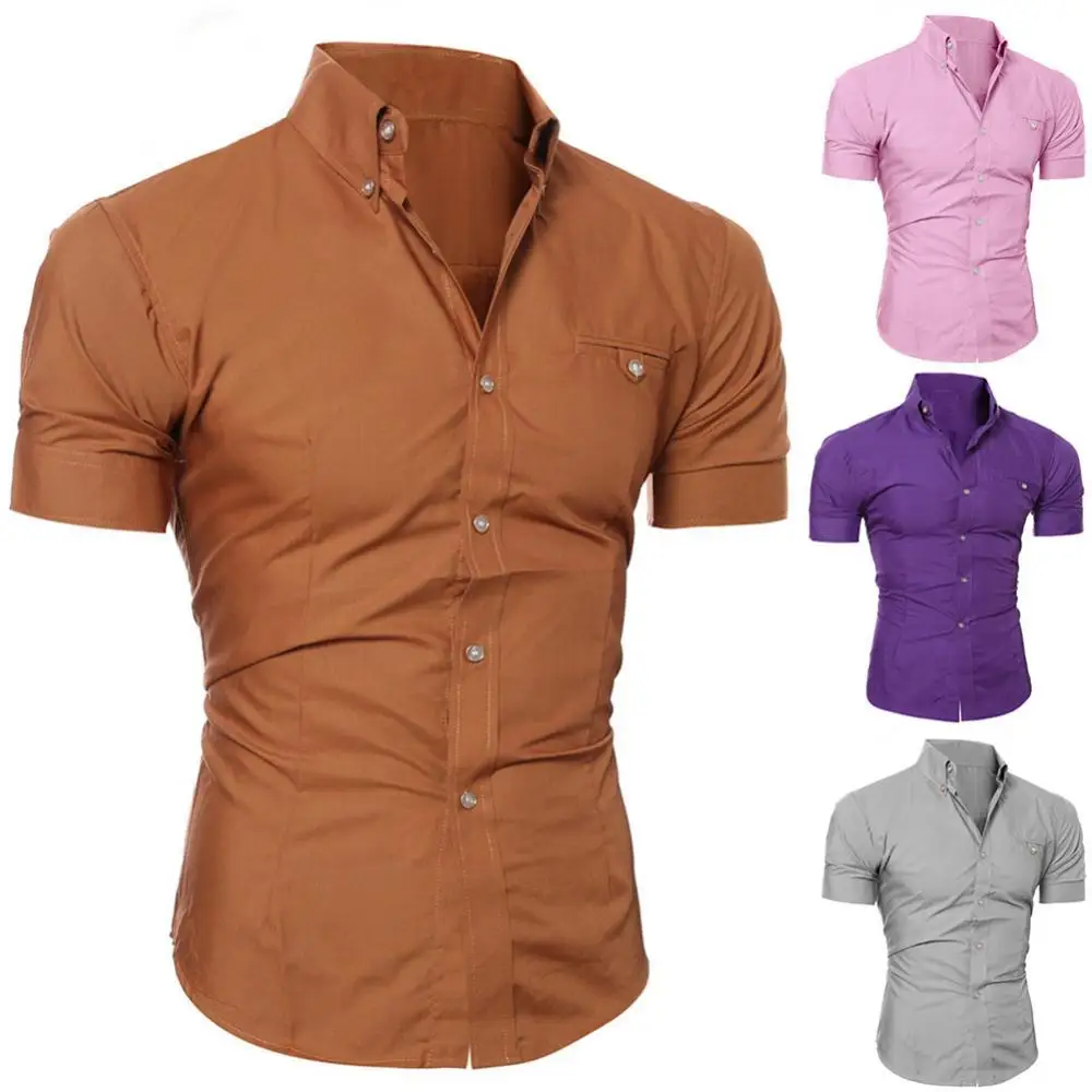 Fashion Men Solid Color Buttons Down Shirt Short Sleeve Slim Lapel Tops