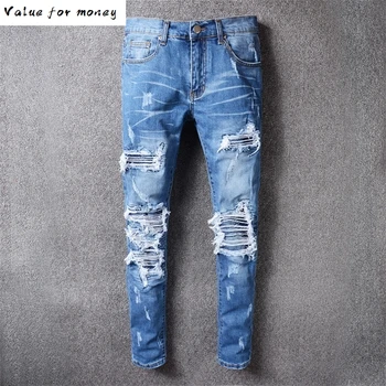 

Men's pleated blue patchwork hole ripped biker jeans for motorcycle Casual slim skinny distressed stretch denim pants