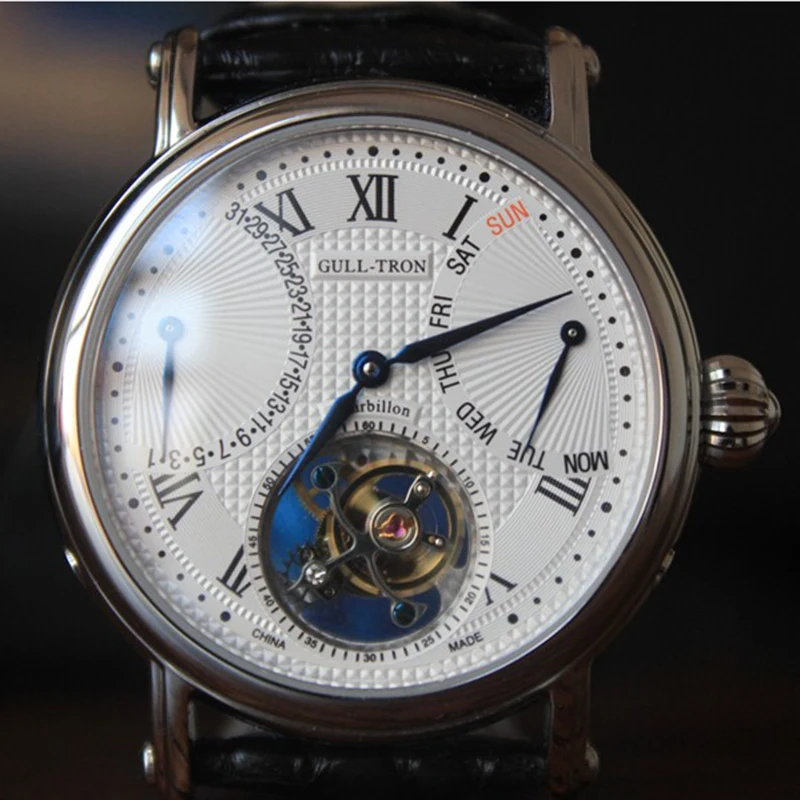 

Real Seagull Movement Watch Men Sapphire Tourbillon Calendar Mechanical Men Watch Week Display Alligator Leather Montre Homme