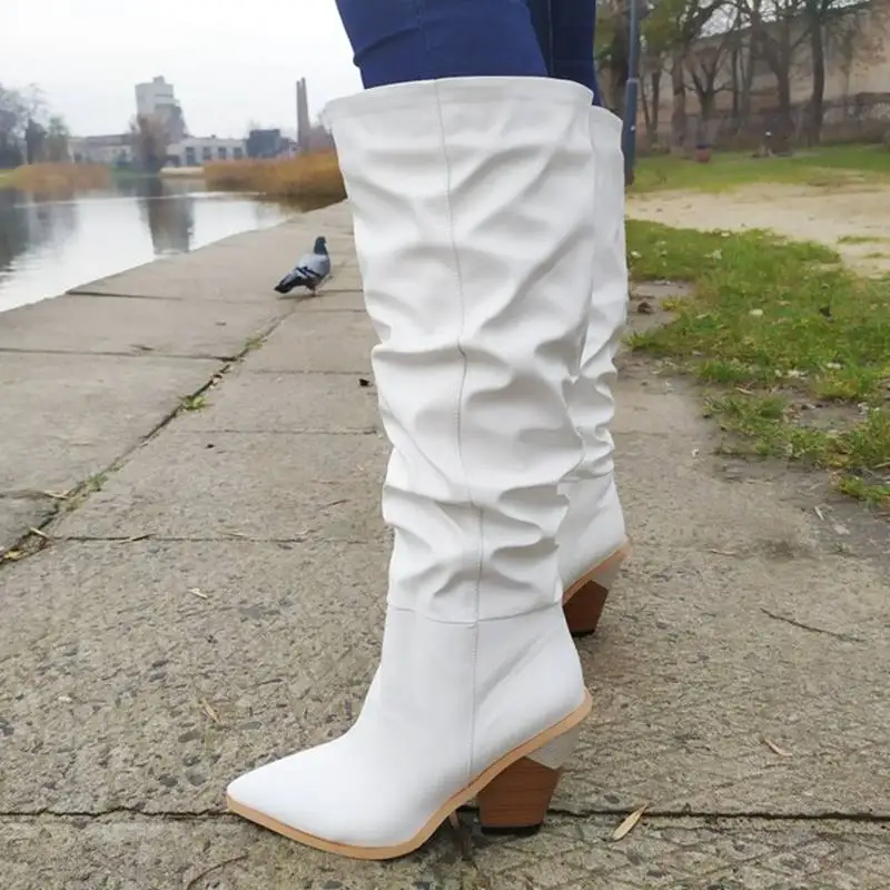 KemeKiss/женские сапоги до колена Повседневная обувь на квадратном каблуке в стиле вестерн обувь в стиле девушка-ковбой женские осенне-зимние высокие сапоги с острым носком размер 34-43