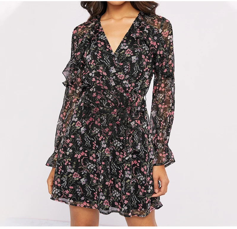 Boho Floral Print Long Sleeve Ruffle Short Dress in Boho Dresses