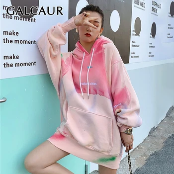 

GALCAUR Drawstring Inkjet Hit Color Sweatshirt For Women Lantern Sleeve Long Thick Sweatshirts Female 2020 Autumn Winter Fashion