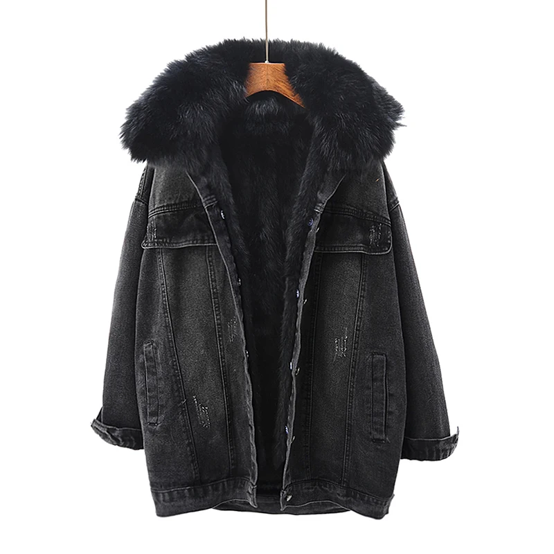 remarkable  Winter Warm fur Coat Natural Fur Collar + Real Rabbit Hair Liner Denim fur Jacket Female retro fur 