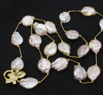 

Free shipping lady's fashionable natural 30" 20-24mm freshwater pearl reborn keshi purple flat necklace