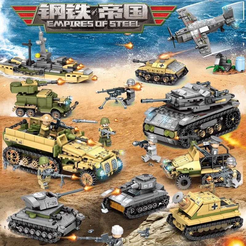 

8Pcs/lot Military Technic Tank Model LegoINGLs Building Blocks Weapon Creator Army WW2 Bricks Educational Toys for Children