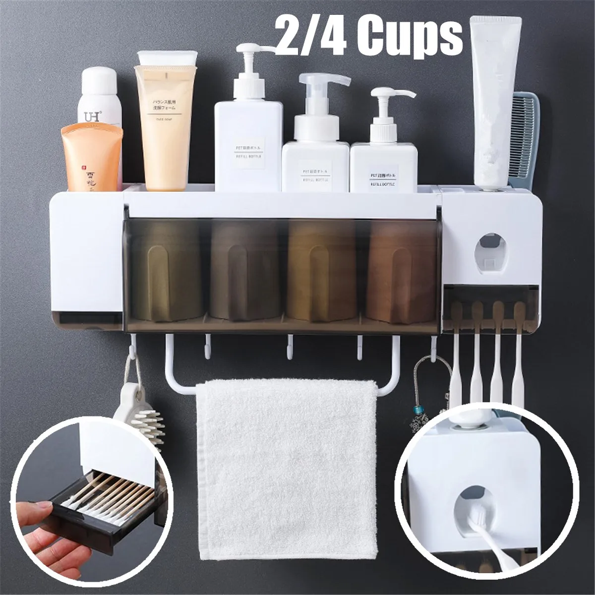 

Toothbrush Holder Automatic Toothpaste Dispenser Wall-mounted Bathroom Storage Rack Makeup Organizer Towel Holder With Cups