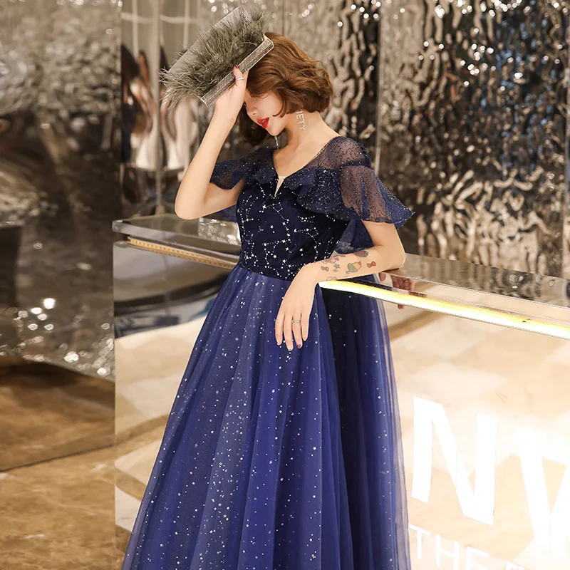 It's Yiiya Evening Dress Blue Shining V-neck Evening Dresses Long Short Sleeve Formal Gowns Plus Size robe de soiree LF157