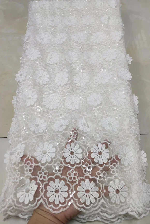 Latest African Lace Fabric High Quality African French Net Laces With Sequins Embroidery Tulle Lace For Dresses ETB92 WHITE
