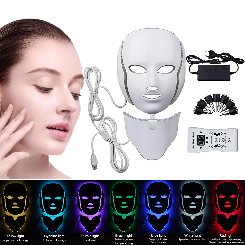7 цветов светильник фотон Электрический светодиодный маска для лица косметическое устройство уход за кожей лица шеи морщин против акне терапия отбеливающий инструмент