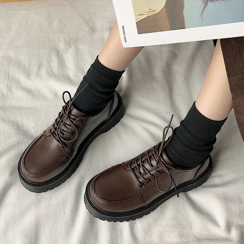 Spring Autumn Women Oxford Shoes Flat on Platform Casual Shoes Black Lace Up Leather Shoes Sewing Round Toe zapatos mujer 8901N 4