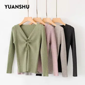 

YUANSHU 2019 Spring Autumn Sexy Drawstring V Neck Sweater Women Skinny Knitted Pullovers Female Long Sleeve Elastic Crop Jumper