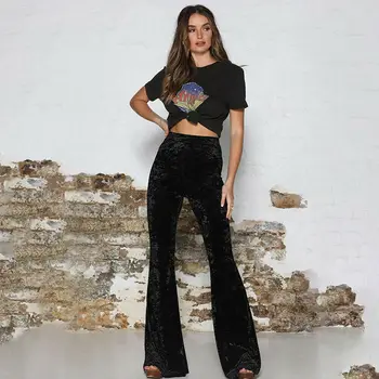 

Vintage Sexy Women High Waist Gold Velvet Bell Bottom Ladies Stretch Elastic Flare Long Pants Trousers Evening Party wear